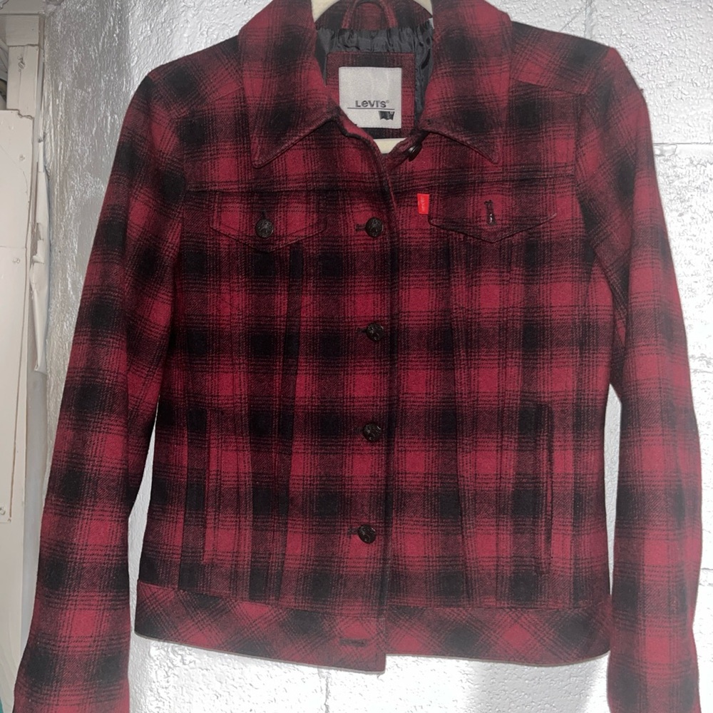 Levi's Wool Trucker inspired Red and Black Buffalo Plaid Wmns Sz Sm Jacket